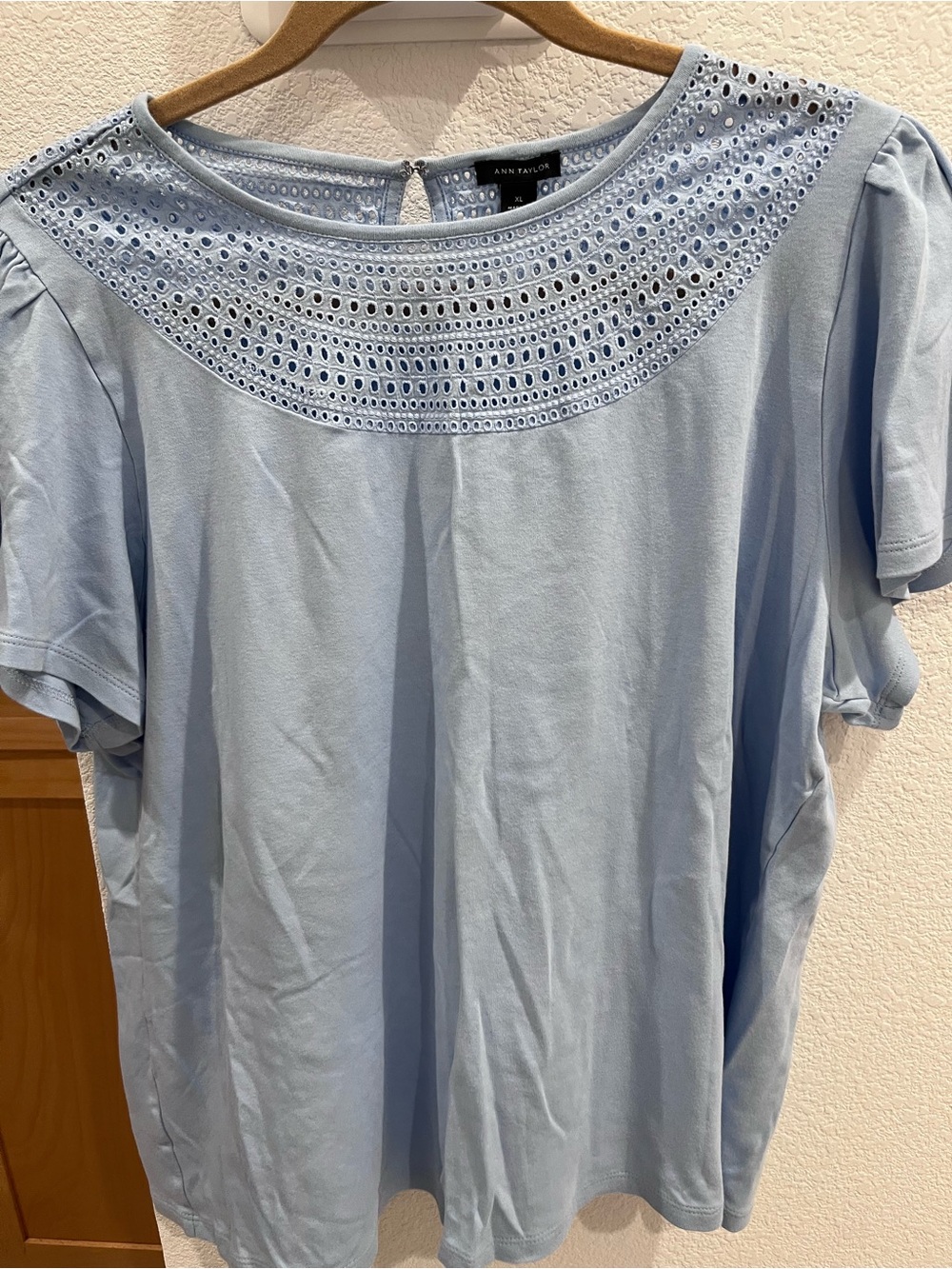 Ann Taylor Light Blue Eyelet Yoke Short Sleeve Top XL